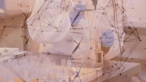 Amber light on rack fueling digital helix while scientist pipetting samples syncing data mapping. Biotechnology, laboratory, precision, analytics, innovation, molecular, experimental - Powered by Shutterstock - Get 15% off with code: PIKWIZARD15