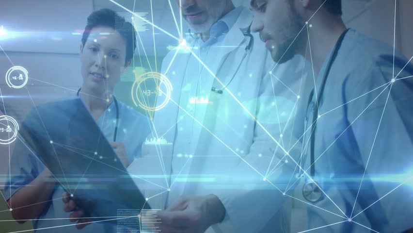 Female medic opening tablet and showing patient data, forming overlay as colleagues analyzing data. Healthcare, teamwork, data visualization, innovation, collaboration, professionalism, medical - Powered by Shutterstock - Get 15% off with code: PIKWIZARD15