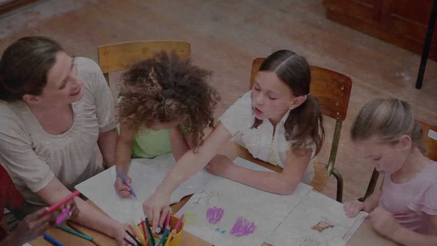Teacher guiding students drawing and passing markers with math calculator icon animating labels. Classroom, education, teamwork, creativity, learning, collaboration, youthful