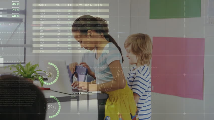 Girl picking VR headset and boy collaborating on laptop while charts animating classroom dashboard. Education, technology, teamwork, innovation, data, visualization, learning - Powered by Shutterstock - Get 15% off with code: PIKWIZARD15