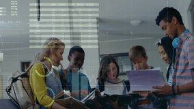 Student group opening textbooks in hallway and studying school data with graphs sliding in overhead. Collaboration, education, teamwork, digital learning, data visualization, youth, innovation - Powered by Shutterstock - Get 15% off with code: PIKWIZARD15