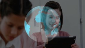 Teenage student tapping tablet and guiding rotating globe overlay in classroom for geography lesson. Education, learning, collaboration, technology, student, classroom, exploration - Powered by Shutterstock - Get 15% off with code: PIKWIZARD15