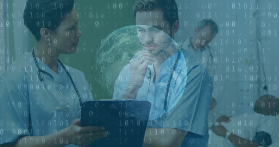 clinicians pointing tablet and studying as binary code scrolling, chart rising for medical analysis. Healthcare, collaboration, data, technology, innovation, analytics, professionalism