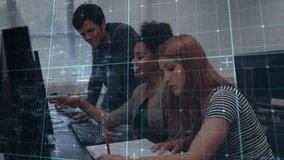 Tech mentor arriving behind women pointing screen, causing typing and taking notes with arrows. Collaboration, teamwork, digital workspace, learning, mentoring, innovation, modern office - Powered by Shutterstock - Get 15% off with code: PIKWIZARD15