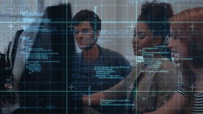 Man touching keyboard initiating woman typing code with animated code overlay guiding software team. Collaboration, teamwork, innovation, technology, modern, productivity, focus - Powered by Shutterstock - Get 15% off with code: PIKWIZARD15