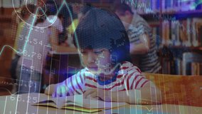 Boy opening book page at library table initiating animated data charts pulsing over study scene. Education, learning, literacy, academic, technology, data, analysis - Powered by Shutterstock - Get 15% off with code: PIKWIZARD15