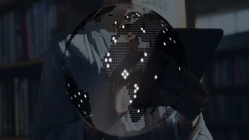 Digital globe fading away revealing student tapping tablet and scrolling content for education. Technology, innovation, learning, exploration, digital, casual, research - Powered by Shutterstock - Get 15% off with code: PIKWIZARD15