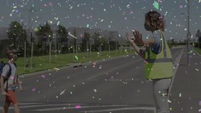 Crossing guard raising hands at zebra crossing, halting cars, guiding masked schoolchildren across. Safety, pedestrian, urban, bright, youth, vigilance, community - Powered by Shutterstock - Get 15% off with code: PIKWIZARD15