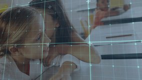 Girl draping arms around boy whispering secret in school while grid overlay child observing. Playful, friendship, classroom, dynamics, teamwork, education, cheerful - Powered by Shutterstock - Get 15% off with code: PIKWIZARD15