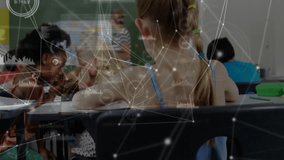 Teacher pointing classroom map with network overlay centering braided girl highlighting engagement. Education, collaboration, childhood, data visualization, learning, digital, teamwork - Powered by Shutterstock - Get 15% off with code: PIKWIZARD15