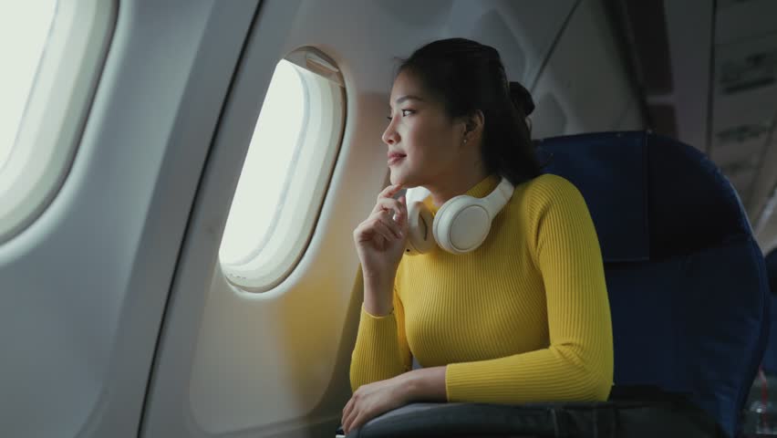 Passenger wearing headphones looks out airplane window and points finger at clouds during flight
