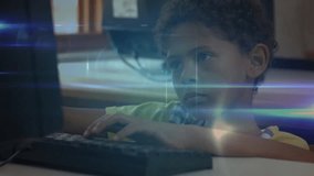 boy typing at school computer lab, activating animated icons building user connection network. Technology, connectivity, communication, education, innovation, digital, modern - Powered by Shutterstock - Get 15% off with code: PIKWIZARD15