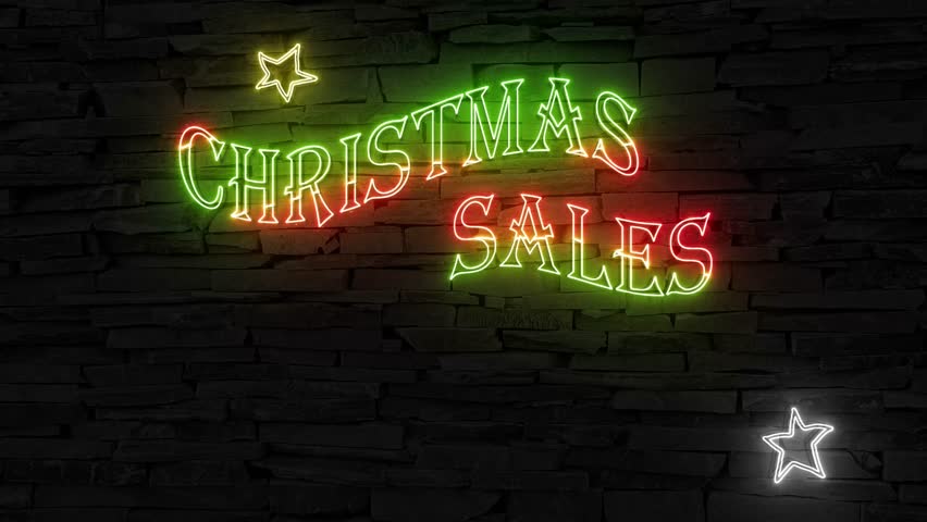 Christmas Sales in red and green, flashing golden stars illuminated 3d illustration retro neon sign 10s 4k video animation, add your own text, eye catching for social media, add your own text, sweet!