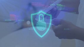 Woman's hands holding tablet tapping screen while shield icon and code snippets validating security. Cybersecurity, data protection, biometric, digital infrastructure, innovation, technology, security - Powered by Shutterstock - Get 15% off with code: PIKWIZARD15