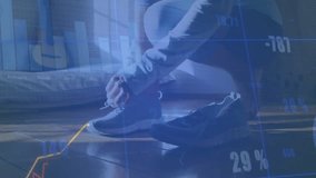 woman placing foot activating animated fitness charts as tightening running shoes for workout prep. Athletic, determination, wellness, motivation, lifestyle, home, modern - Powered by Shutterstock - Get 15% off with code: PIKWIZARD15