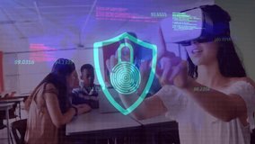 Teenage girl donning VR headset and unlocking security protocol with padlock and code in tech lab. Virtual reality, holography, cyber security, immersive technology, digital interface, education, - Powered by Shutterstock - Get 15% off with code: PIKWIZARD15