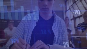 Teenage student writing notes in classroom, bar charts updating with writing for data insight. Education, data analysis, classroom, concentration, learning, digital graphics, student - Powered by Shutterstock - Get 15% off with code: PIKWIZARD15