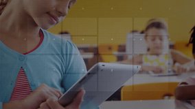 Female student tapping tablet and activating AR overlays with data dials and charts for education. Interactive, education, innovation, technology, classroom, learning, youthful - Powered by Shutterstock - Get 15% off with code: PIKWIZARD15