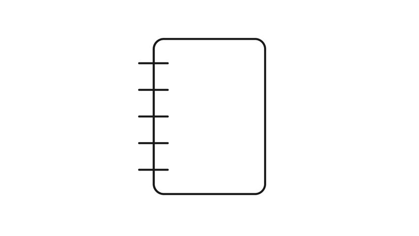Looped animation of a notebook flipping pages and closing in minimalist outline icon style. 4k seamless footage showing writing object, clean education symbol, and interface element for visuals