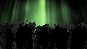 Green beams starting crowd motion, figures raising arms, swaying under pulsing dotted mesh. Concert, audience, lighting, festival, stage, energy, spectacle - Powered by Shutterstock - Get 15% off with code: PIKWIZARD15