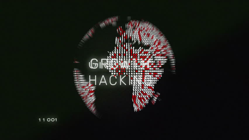 Pixel sphere forming and coalescing into rotating globe glitching GROWTH HACKING over neon circuits. Technology, digital, innovation, cybersecurity, data, cybernetics, modern
