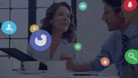 Colleagues tapping tablet in business meeting fading digital icons linking to highlight workflow. Collaboration, networking, technology, communication, modern, professional, innovation - Powered by Shutterstock - Get 15% off with code: PIKWIZARD15