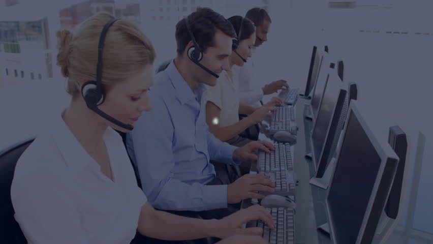 Call center agents typing as node graphic fading in connecting workstations for team connectivity. Collaboration, networking, communication, teamwork, technology, corporate, modern - Powered by Shutterstock - Get 15% off with code: PIKWIZARD15