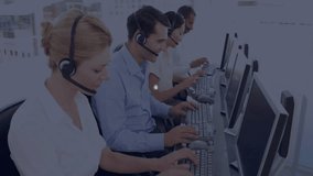 Call center agents typing as node graphic fading in connecting workstations for team connectivity. Collaboration, networking, communication, teamwork, technology, corporate, modern - Powered by Shutterstock - Get 15% off with code: PIKWIZARD15