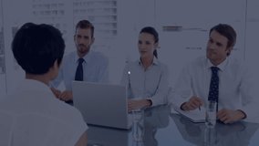 User icon appearing above candidate sitting table, activating network overlay across business panel. Professional networking, corporate communication, digital connection, teamwork, office environment, - Powered by Shutterstock - Get 15% off with code: PIKWIZARD15