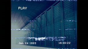 PLAY indicator showing 16:30:22 glitch drifting across racks as camera shifting simulating VHS. Industrial, technology, data center, glitch, static, digital, cyber - Powered by Shutterstock - Get 15% off with code: PIKWIZARD15