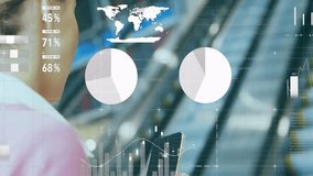 business professional tapping smartphone on escalator, making AR bar charts updating for analytics. Technology, innovation, data visualization, leadership, urban, modern, analytics - Powered by Shutterstock - Get 15% off with code: PIKWIZARD15