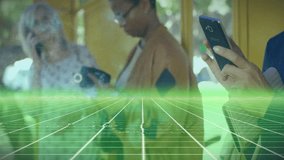 Three women waiting at bus shelter using phones activating green grid visualizing transport data. Technology, connectivity, urban, lifestyle, communication, modern, outdoor - Powered by Shutterstock - Get 15% off with code: PIKWIZARD15