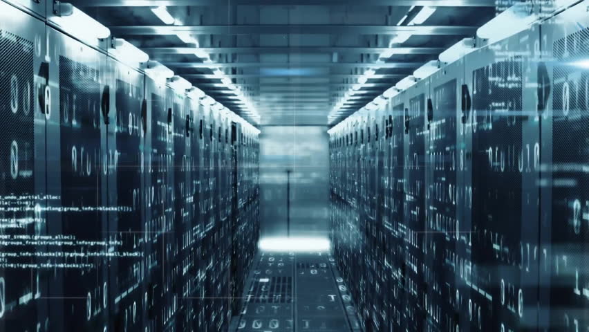 Binary streams starting on server racks, corridor visualizing analytics via floating HUD graphics. Technology, cybersecurity, data, digital, futuristic, architecture, innovation - Powered by Shutterstock - Get 15% off with code: PIKWIZARD15