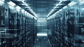 Binary streams starting on server racks, corridor visualizing analytics via floating HUD graphics. Technology, cybersecurity, data, digital, futuristic, architecture, innovation - Powered by Shutterstock - Get 15% off with code: PIKWIZARD15