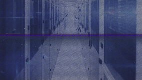 Grainy glitch feed opening, camera panning corridor pixelating server racks for security monitoring. Futuristic, cyber, digital, technology, industry, data, security - Powered by Shutterstock - Get 15% off with code: PIKWIZARD15