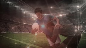 Sports overlay starting blue-jersey sprinting with rugby ball grappling defender rising as fading. Athletics, competition, action, motion, technology, illuminated, energy - Powered by Shutterstock - Get 15% off with code: PIKWIZARD15