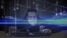 Man clicking mouse and typing keys in tech scene summoning intensifying code rain to process data. Cybersecurity, data, innovation, technology, analysis, concentration, futuristic - Powered by Shutterstock - Get 15% off with code: PIKWIZARD15