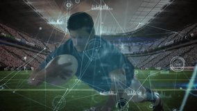 Male rugby athlete grabbing ball starting sprint across pitch to score with network overlays moving. Athlete, sports, competition, motion, digital, innovation, performance - Powered by Shutterstock - Get 15% off with code: PIKWIZARD15