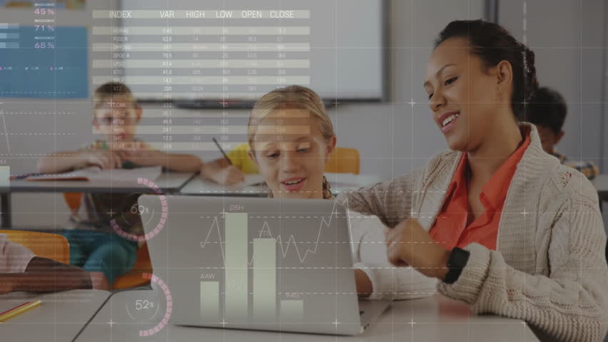 Teacher pointing laptop and guiding student while animated charts and world map tracking learning. Education, mentorship, collaboration, digital learning, classroom, data visualization, academic - Powered by Shutterstock - Get 15% off with code: PIKWIZARD15