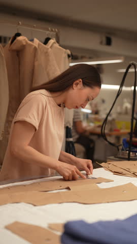Focused female seamstress drawing precise lines on cardboard sewing patterns with chalk in professional workshop with tailoring equipment and garments nearby. Concept of sewing manufacturing.