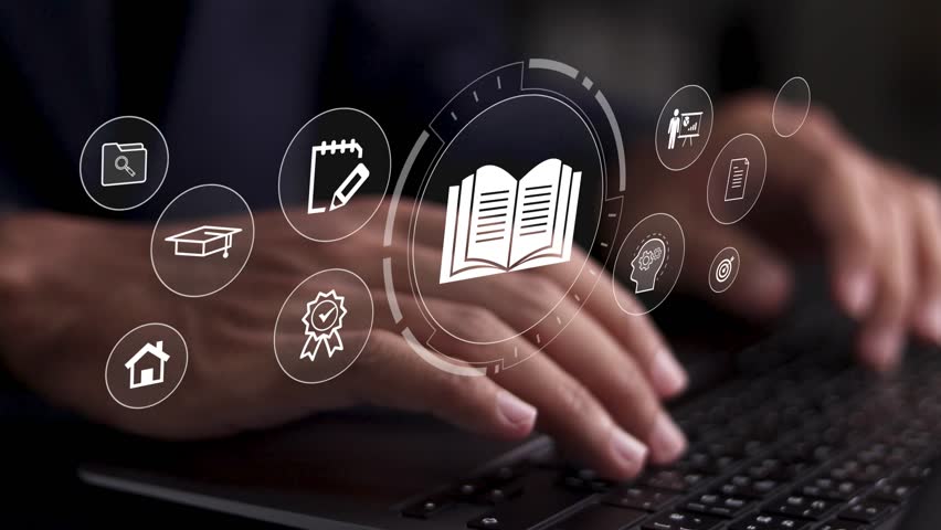 E-learning and online education concept. Online training programs and personalized learning. Person using laptop with E-learning icons on interface screen.