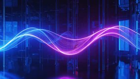 An abstract, glowing sound wave in vibrant blue and green ripples horizontally, representing data flow within a high-tech digital environment, suitable for video. Video 4k - Powered by Shutterstock - Get 15% off with code: PIKWIZARD15