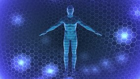 Holographic man inside glowing blue hexagonal force field barrier, front static view. Hex particle impacts bounce off barrier with glowing effects; futuristic sci-fi texture and blue light. - Powered by Shutterstock - Get 15% off with code: PIKWIZARD15