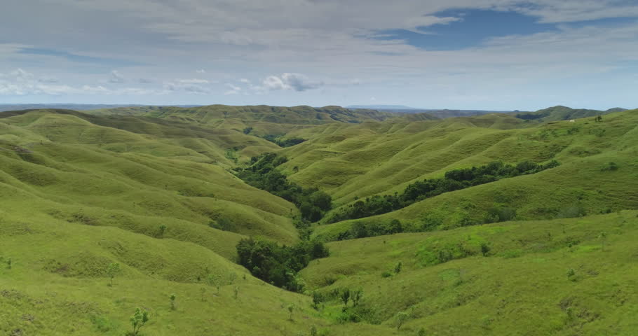 Rolling green hills extend as far as the eye can see across the landscape of Sumba island, Indonesia, with a line of trees growing along a valley and a partly cloudy sky overhead
