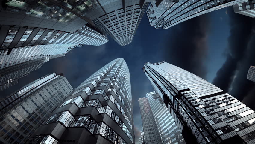 Fisheye lens slowly rotates upward around tall glass skyscrapers at sunrise, highlighting exaggerated perspectives and reflective architecture in a horizontal 3D animation. - Powered by Shutterstock - Get 15% off with code: PIKWIZARD15