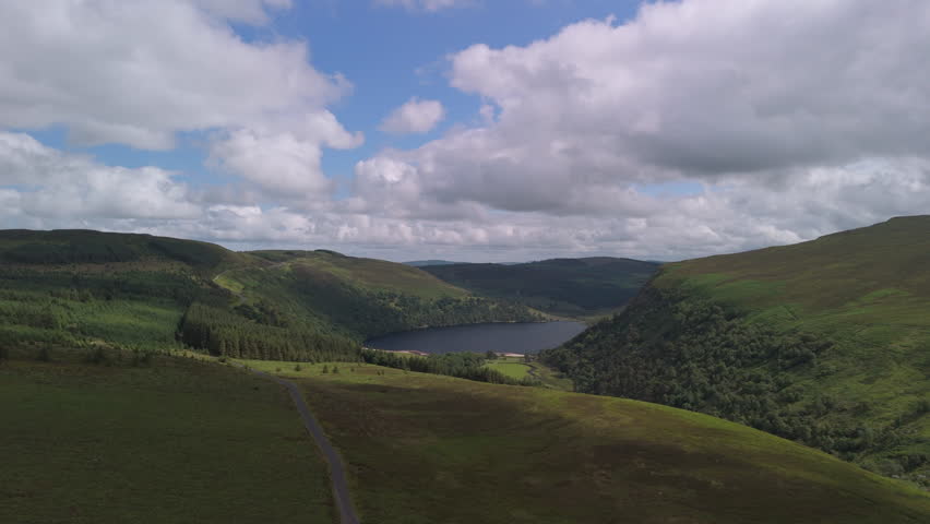 Spectacular 4K aerial video of flying above picturesque Sally Gap and Luggala valley, with breathtaking views around, Luggala, Wicklow mountains, Ireland