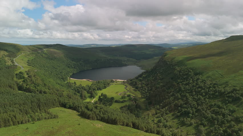 Spectacular 4K aerial video of flying above picturesque Sally Gap and Luggala valley, with breathtaking views around, Luggala, Wicklow mountains, Ireland
