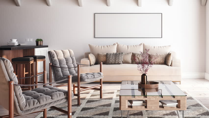 Side view of cozy living room with sofa, wooden chairs, coffee table, and fireplace. Camera slowly pans across cream and wood-toned interior.