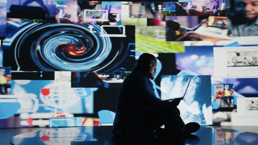 Black user symbolizing social anxiety due to addiction and damage, suffering from an overwhelming impact of online content and mobile phone overuse. Mental health issues. Camera A.