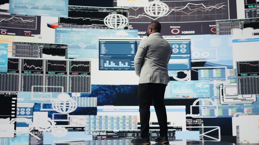 African american guy reflecting on annual financial reports for new development, reviewing the complexity of performance analysis with a focus on productivity and forecasting, AI tools. Camera A.